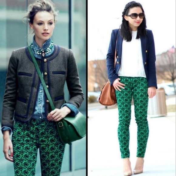 J. Crew Toothpick Bow Print Kelly Green Cords Rare - Picture 1 of 3